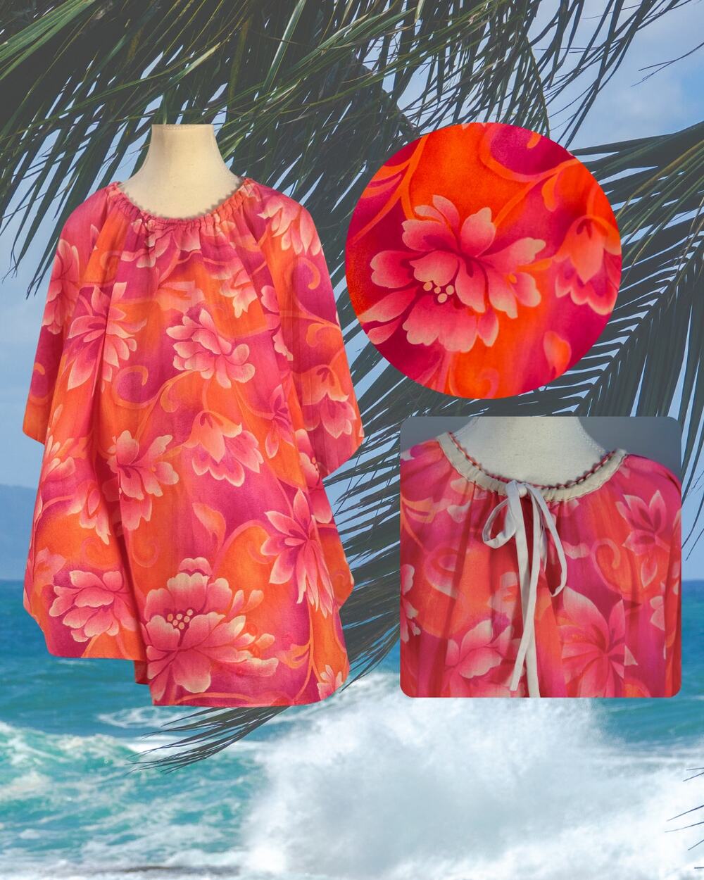 Vintage 70s Accordion Pleated Neon Pink Orange Hawaiian Poncho Dress Blouse XL